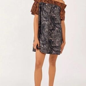 Free People Off-Shoulder Black and Brown Paisley Mini Dress